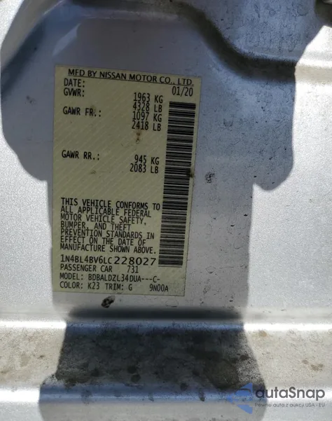 2020 Nissan Altima S z USA, uszkodzony, nr VIN 1N4BL4BV6LC228027